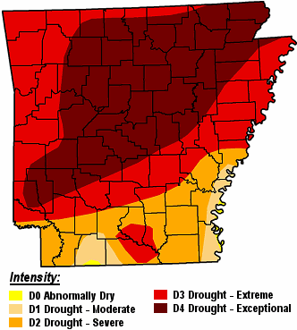 A severe to exceptional drought was noted in much of Arkansas on 07/31/2012.