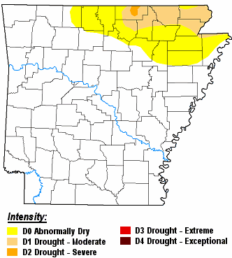 There were moderate drought (D1) conditions in far northern Arkansas on 04/09/2024.