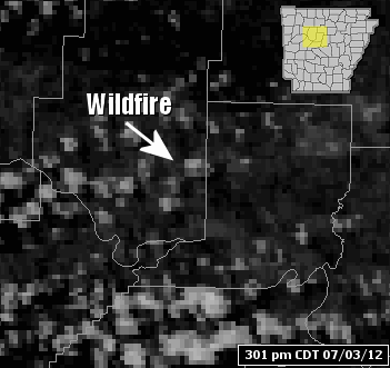 This wildfire north of Atkins (Pope County) started during the afternoon of 07/03/2012.