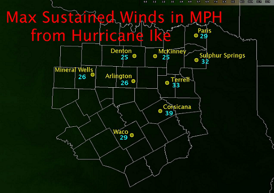 Maximum Winds with Ike across North TX