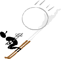 Cartoon skier chased by a VERY large snow ball