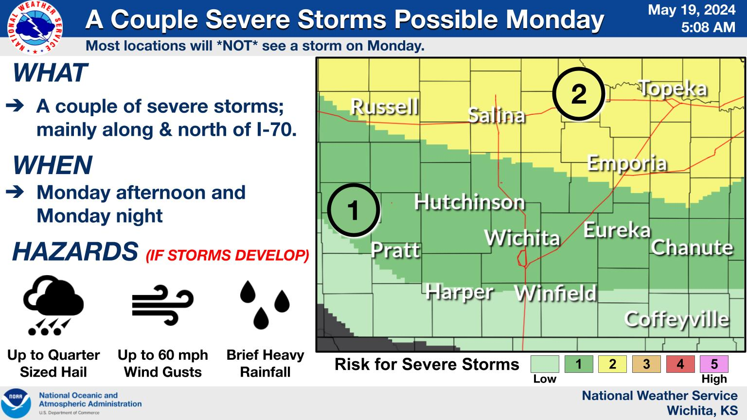 A risk for a few strong to severe storms will exist for the Flint Hills and southeast Kansas along with lingering flooding concerns today. The strongest storms will be capable of quarter size hail and 60 mph wind gusts.