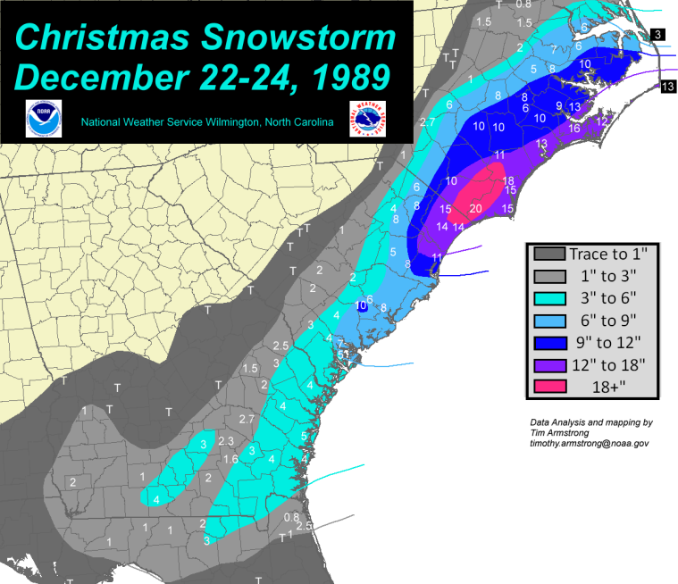 Snowfall accumulations from the Historic Christmas Snowstorm of December 22-24, 1989, affecting portions of Eastern North and South Carolina, Georgia, and Florida.