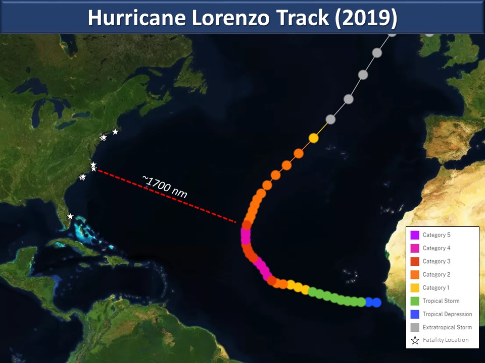 Map of Hurricane Lorenzo's track across the eastern Atlantic