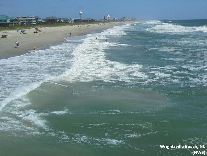 Rip current at Wrightsville Beach, NC as seen from the pier