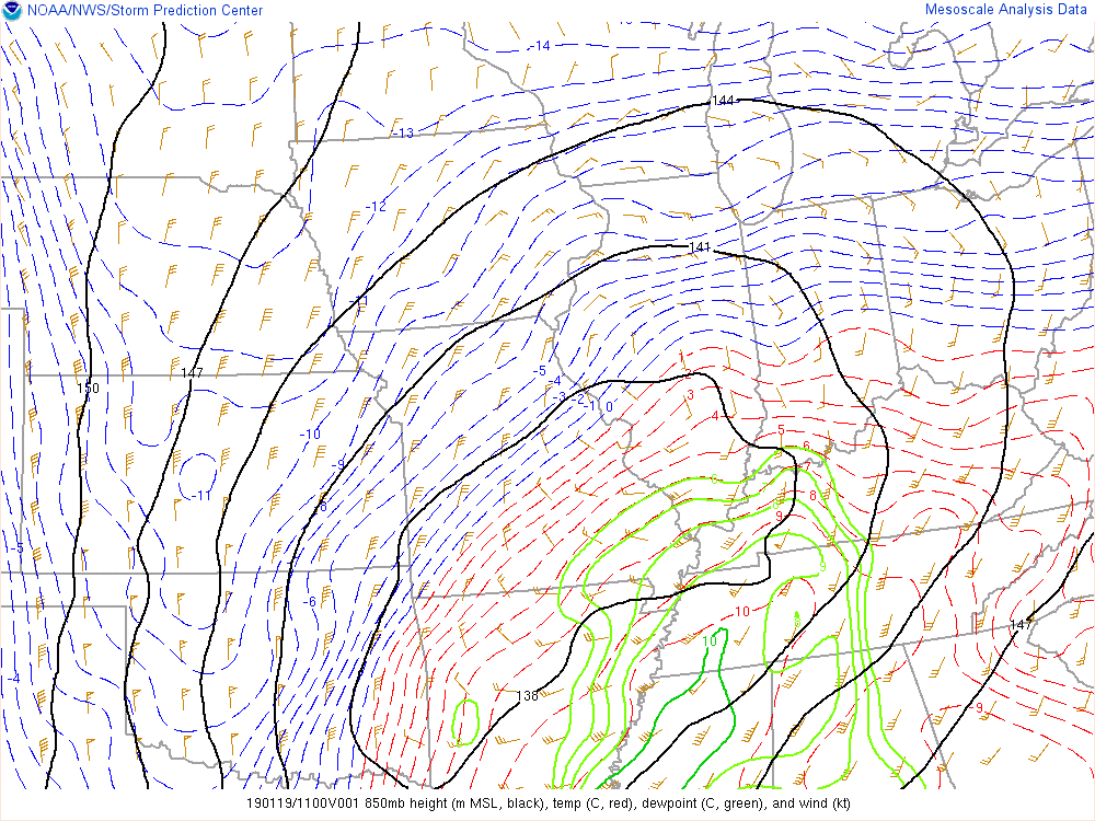 Environment - 850mb wind, temp, heights at 7 AM