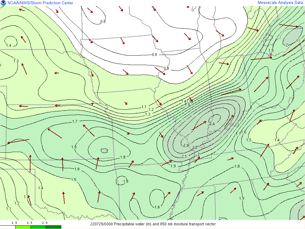 Environment - Precipitable Water and Moisture Transport at 11 PM July 24