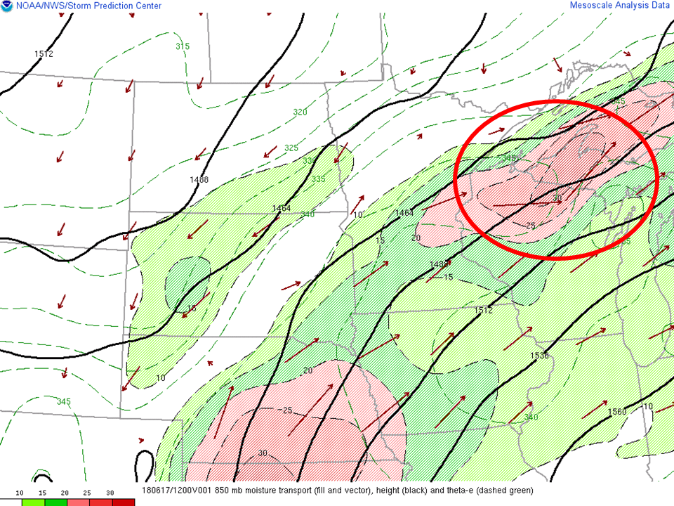 850hPa moisture transport (shaded/vector), theta-e (dashed green): 12Z