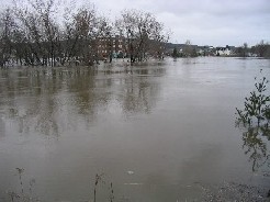 Photograph of flooding of the Fish River behind the University of Maine at Fort Kent on April 30, 2008
