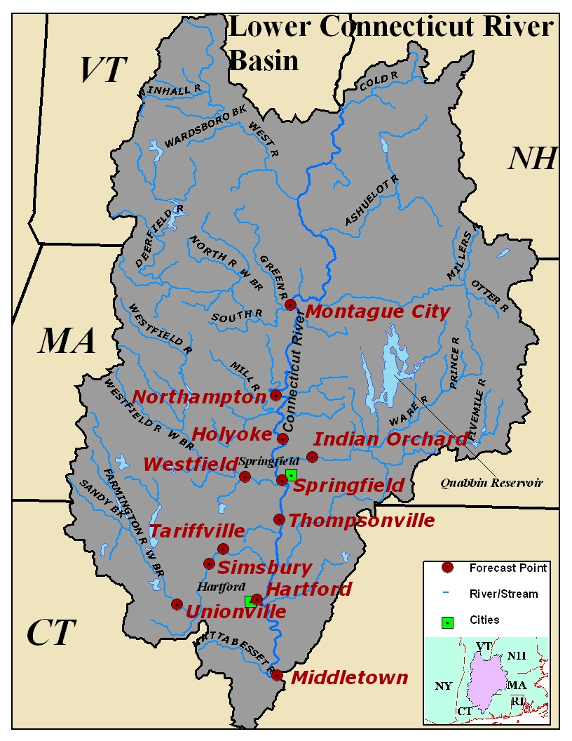 Map of the Upper Connecticut River Basin. Click on the image to go to the interactive AHPS page.