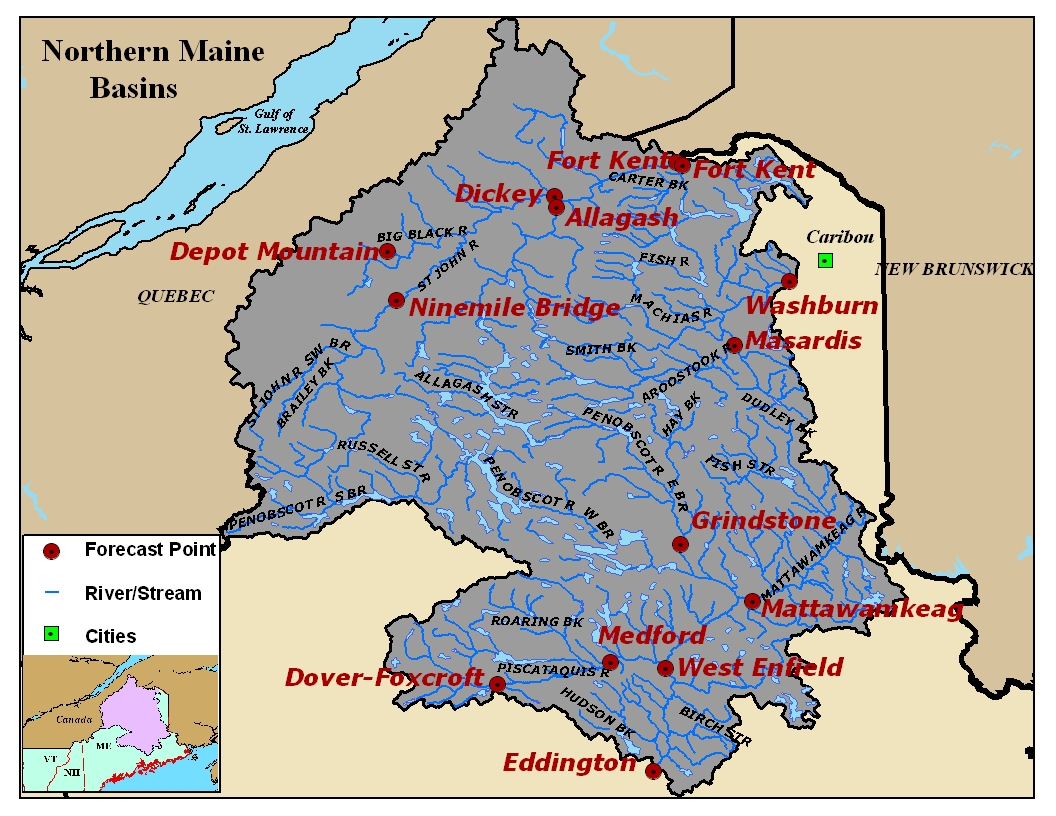 Map of the Northern Maine River Basins. Click on the image to go to the interactive AHPS page.