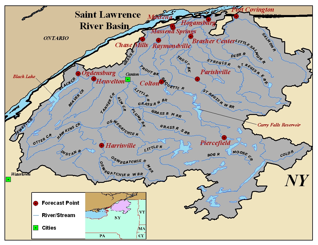 Map of the Saint Lawrence River Basin in New York. Click on the image to go to the interactive AHPS page.