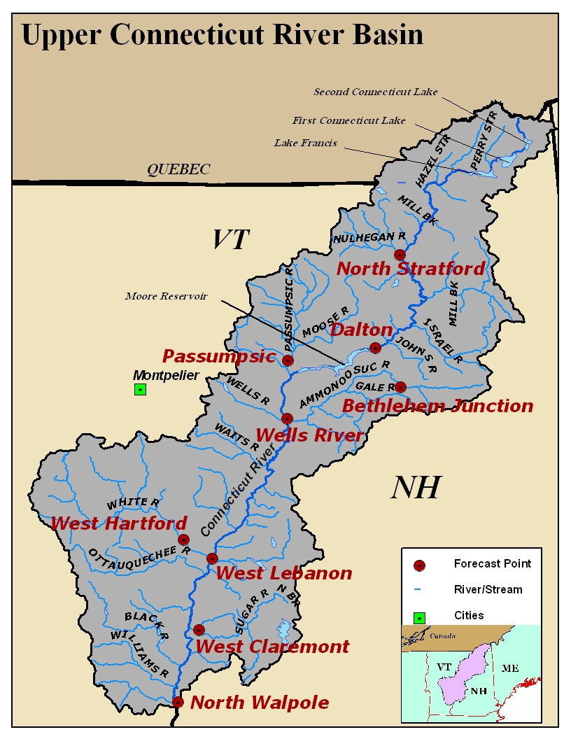 Map of the Upper Connecticut River Basin. Click on the image to go to the interactive AHPS page.