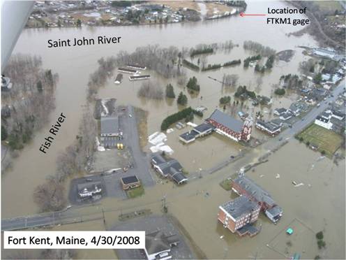 Photograph of flooding in Ft. Kent, ME at the confluence of the Fish River with the St. John River on April 30, 2008