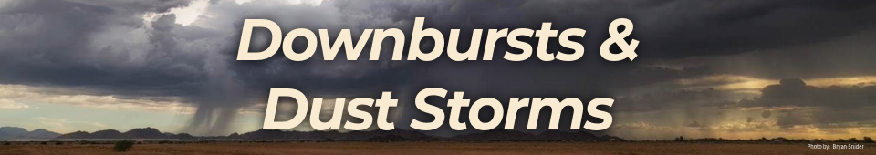 Monsoon Awareness Header Downburst Winds & Dust Storms - An image of a thunderstorm producing a downburst is shown with text that reads: Downburst Winds & Dust Storms