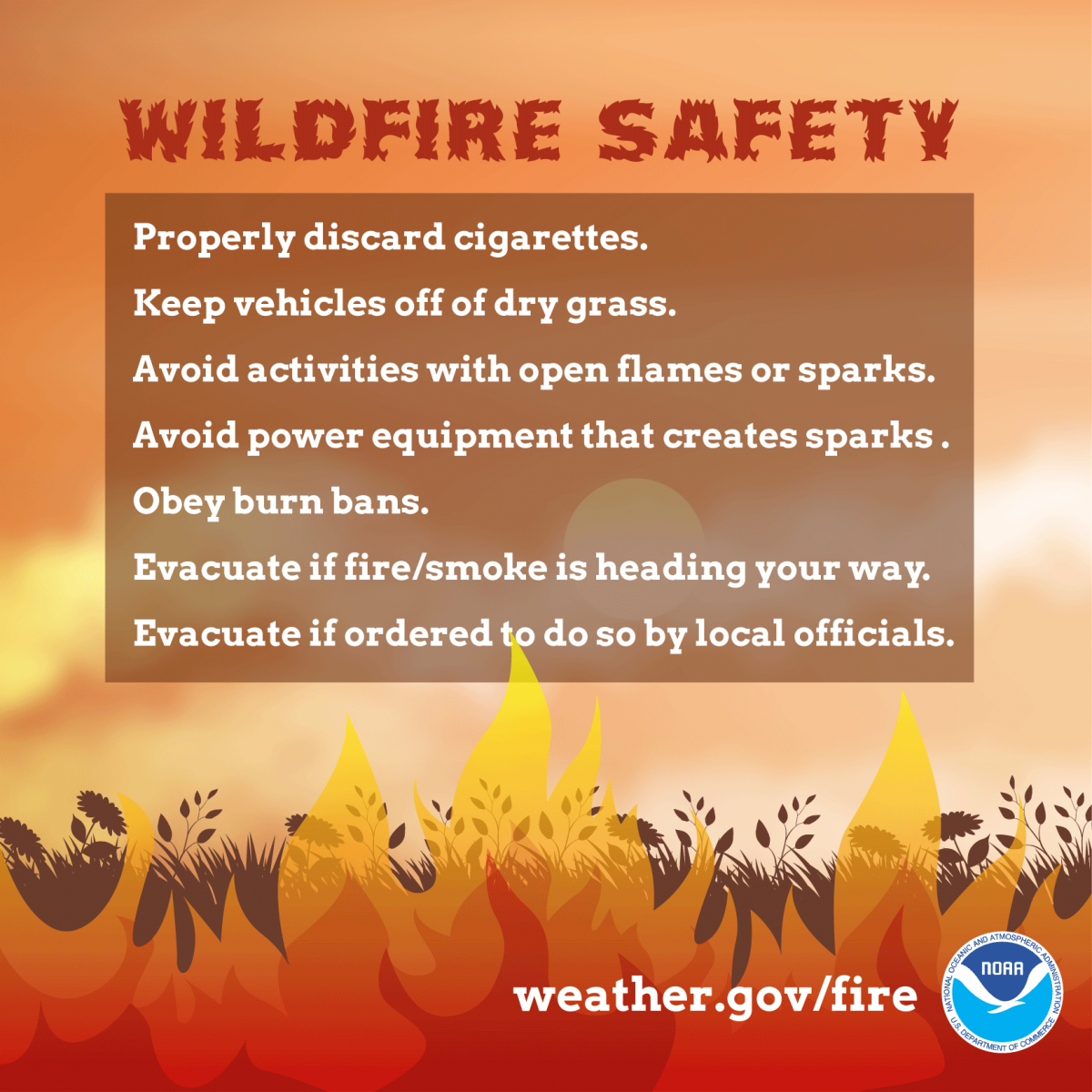 Practice wildfire safety by properly discarding of materials that could cause a fire, avoiding open flames, and obeying burn bans