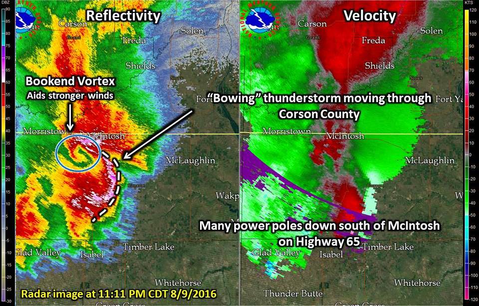 Bowing storm near McIntosh, with a bookend vortex on the north side of the storm.