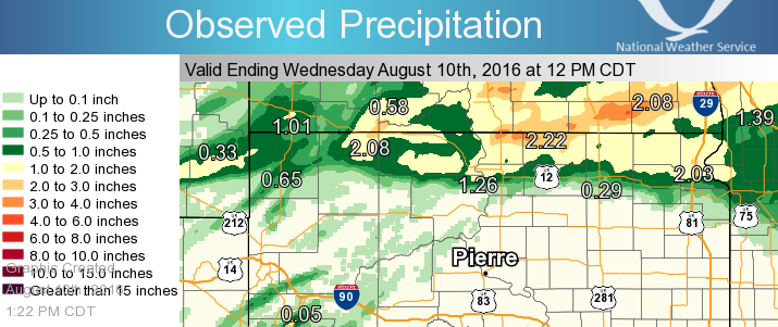 24 Hour Rainfall Amounts ending at Noon on August 10, 2016