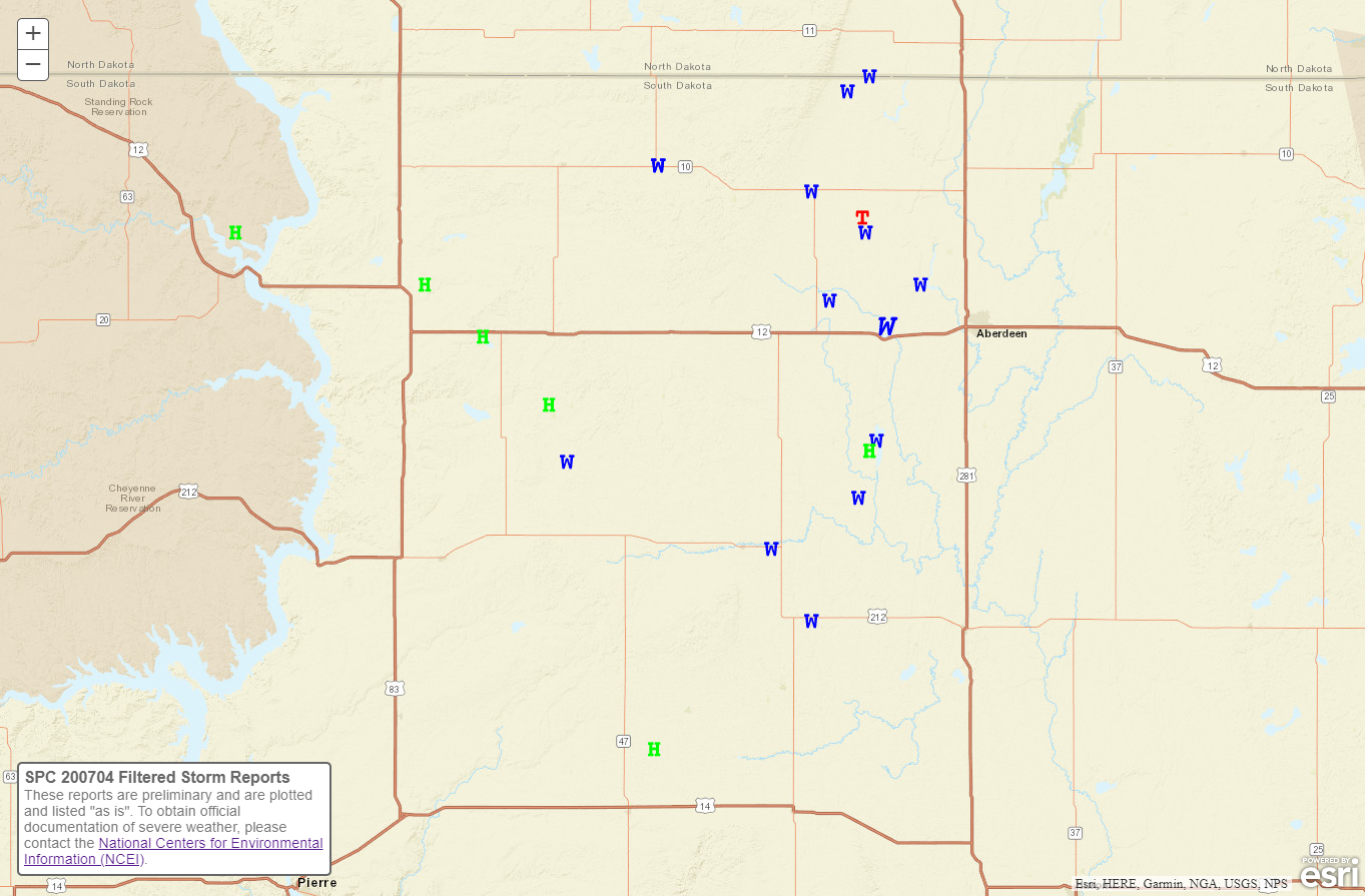 View of the June 6, 2020 storm reports over western South Dakota
