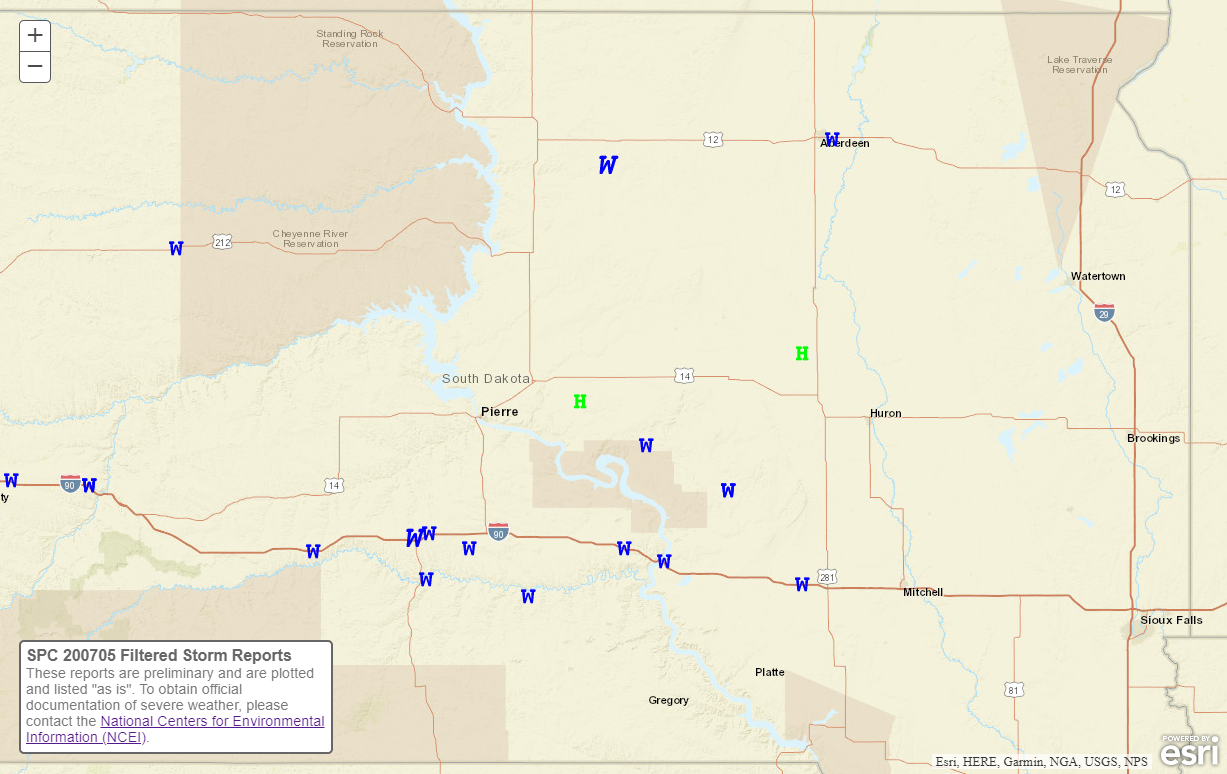 View of the June 7, 2020 storm reports over South Dakota
