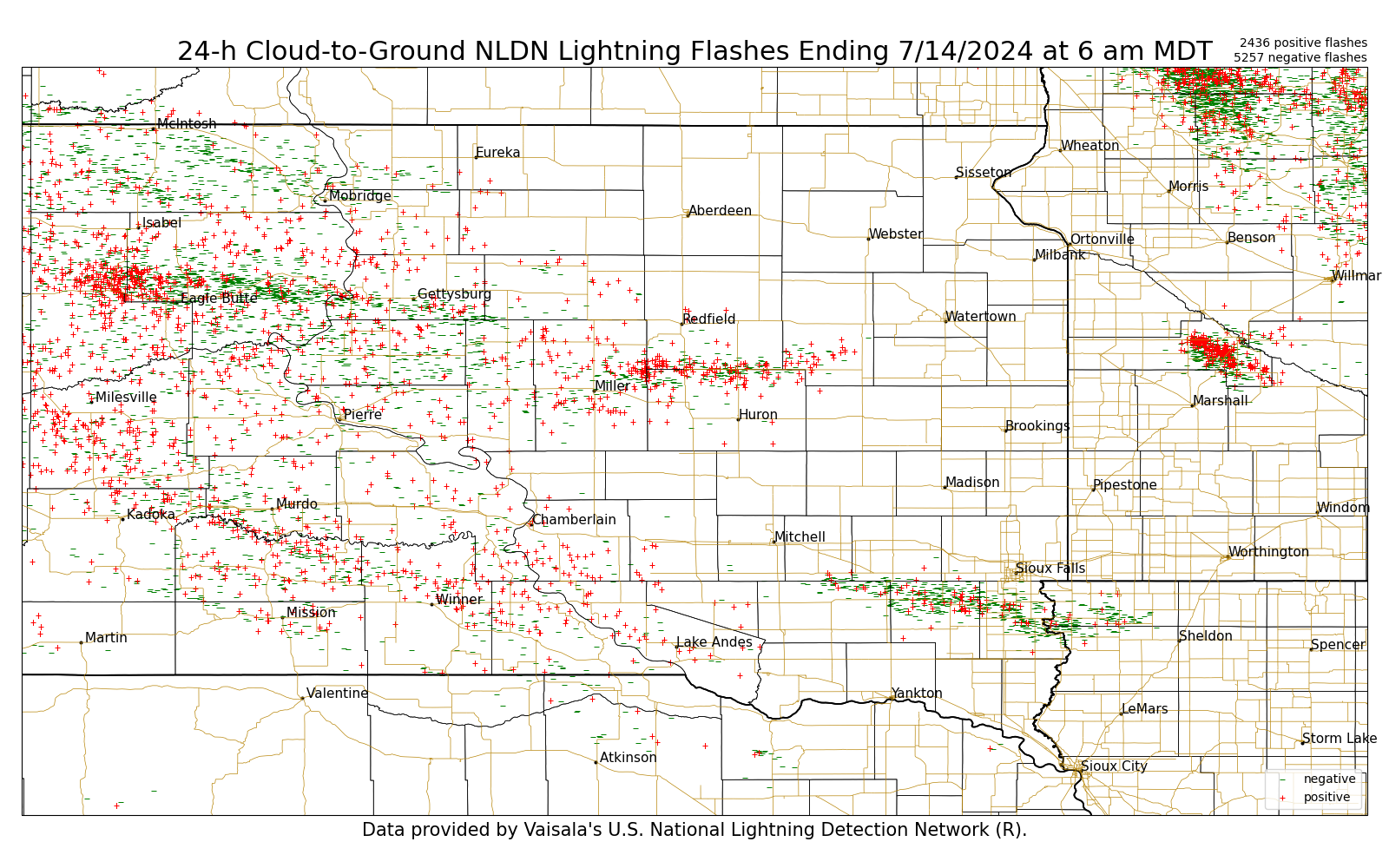 24 hour Cloud to Ground Lightning Strikes, ending at 7am CDT on July 14, 2024