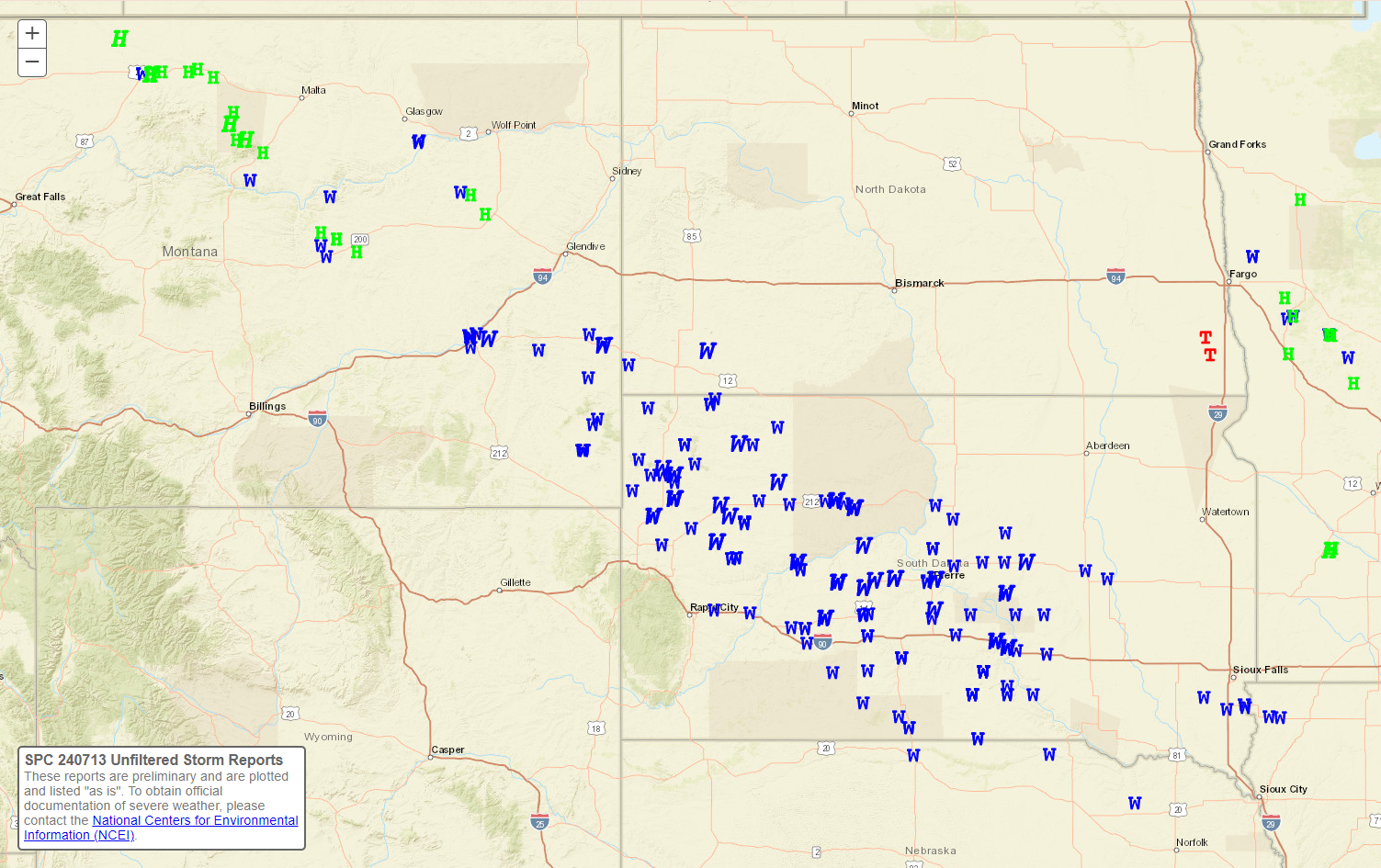 Regional view of the Local Storm Reports for the 24 hours ending at 7am CDT on 7/14/2024