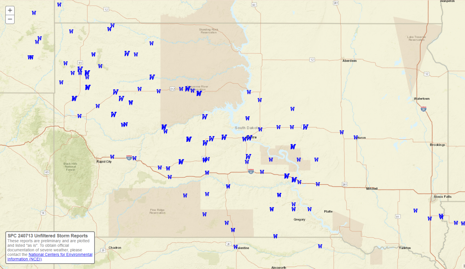 South Dakota view of the Local Storm Reports for the 24 hours ending at 7am CDT on 7/14/2024. Wind reports are blue W's and hail reports are green H's. 