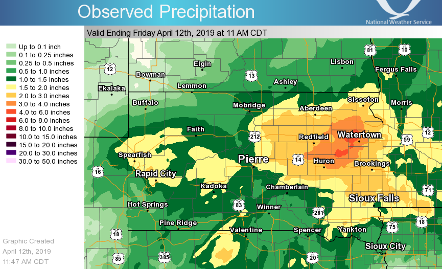 Liquid Equivalent precipitation observed for the 72 hours prior to 11 AM CDT on April 12, 2019