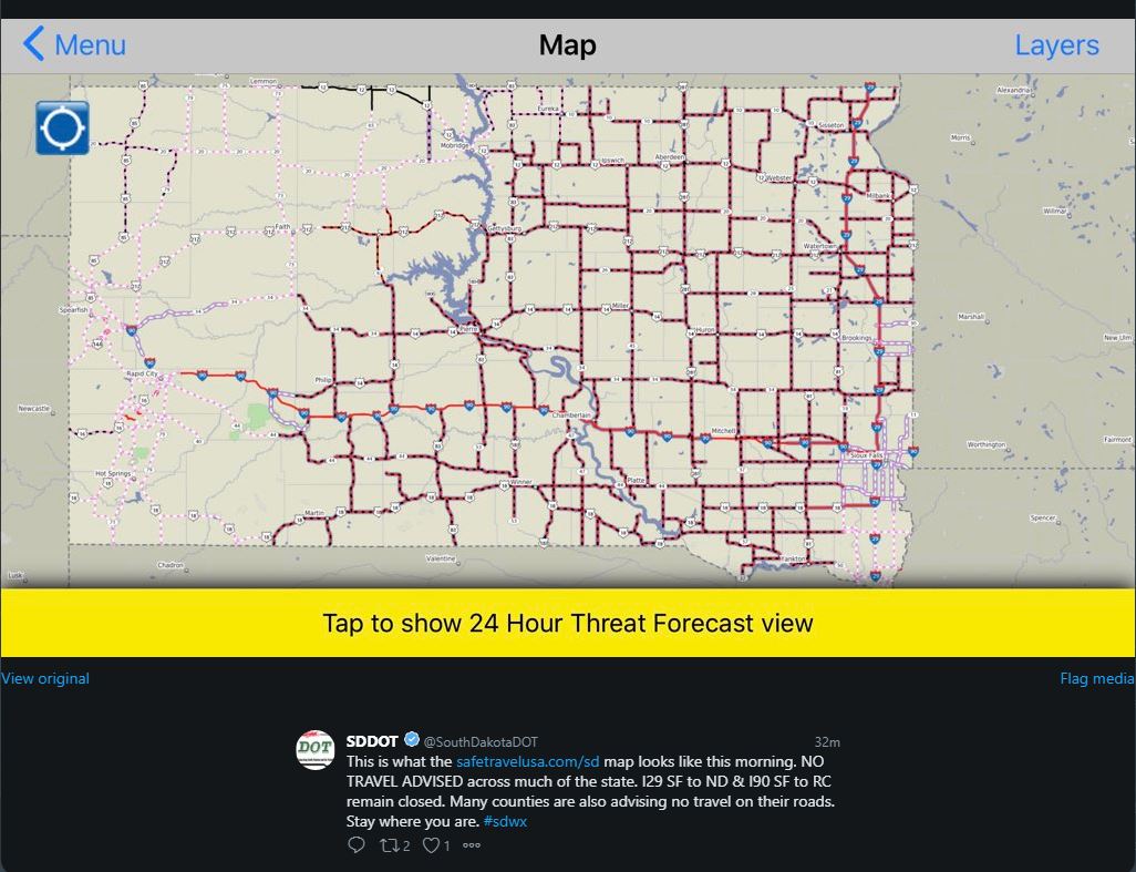No Travel Advised covered most of the eastern 2/3rds of South Dakota at 7 AM CDT on April 11, 2019 (Source: SDDOT Twitter)