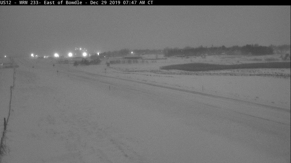 Webcam looking west on US-12 towards Bowdle on December 29, 2019. Blizzard conditions develop around noon as a stronger band of snow moves in.Â  (SD DOT)