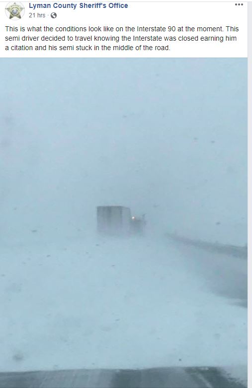 Semi stuck on a closed I-90 on December 29, 2019 (Lyman County Sheriff's Office)