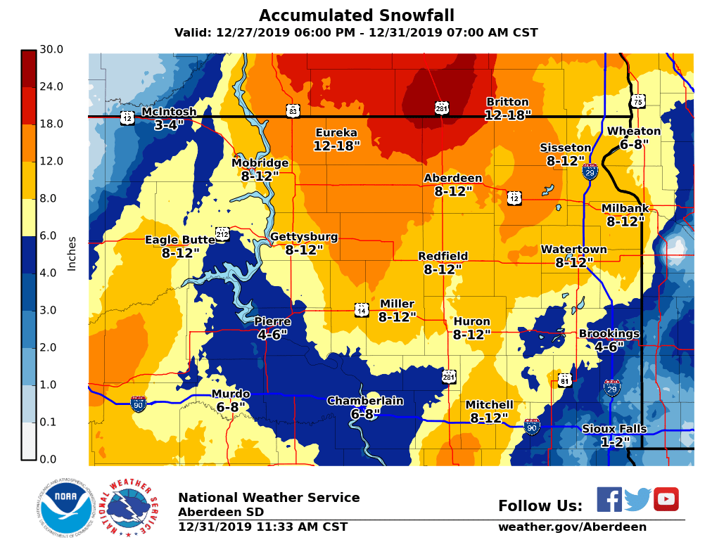 Storm Total Snowfall Amounts from late on December 27th through the morning of December 31st, 2019. Amounts based off observations and local storm reports through 10 AM 12/31/2019.Â 
