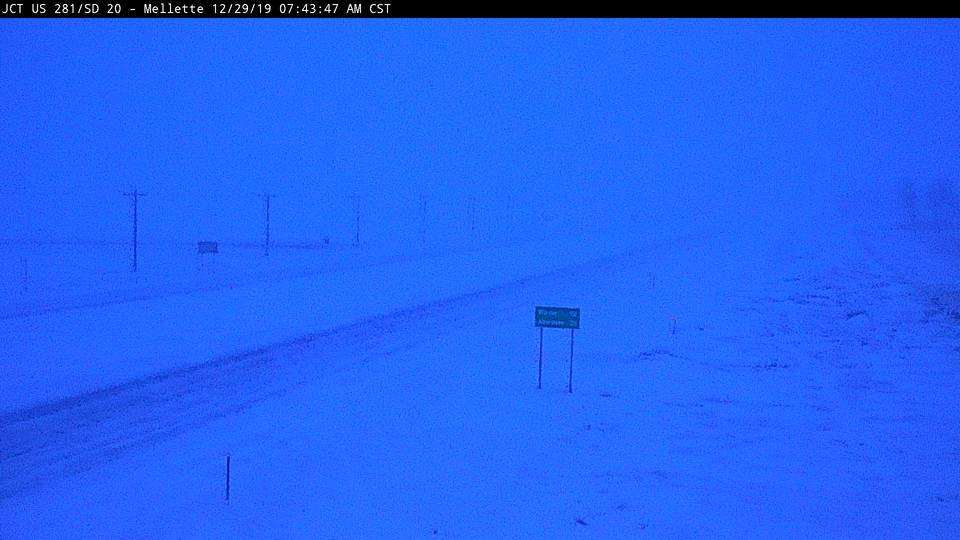 Webcam looking north on US-281 at Mellette during the day on Dec 29, 2019 and highlighting blizzard conditions. (SD DOT)
