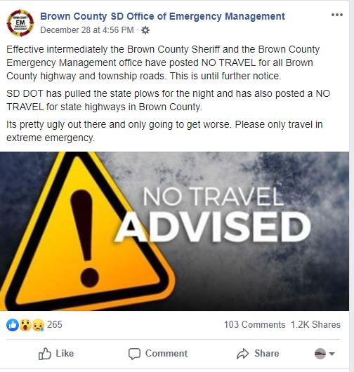 Brown County, SD - No Travel Advised starting at 4:56 PM on Dec 28, 2019 (Brown County SD EM)