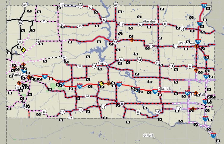 Road conditions across SD around midnight on December 29, 2019. Roads in red were either closed or "No Travel Advised". (SD DOT)