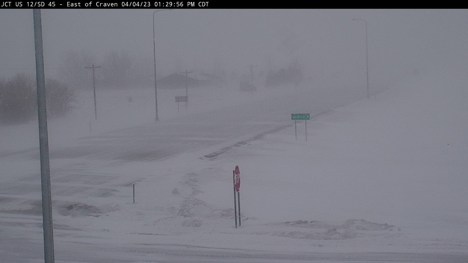 	View of US12 from Craven's Corner, near Ipswich, SD at 1:30 PM on April 4th. Visibility from falling snow was less than 1/2 mile.Â  (Image from SD DOT)
