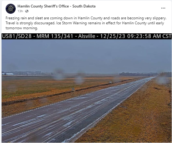 Freezing rain and sleet report in Hamlin County South Dakota during the morning of December 25, 2023 (Via Hamlin County Sheriff's Office)