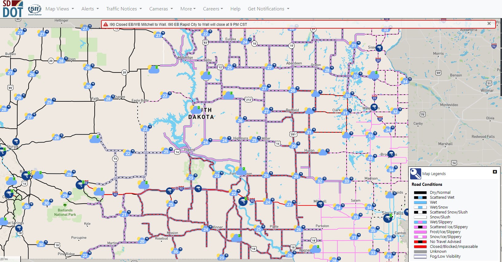 SDDOT Road Conditions at 6pm on December 25, 2023 (via SD511.org)
