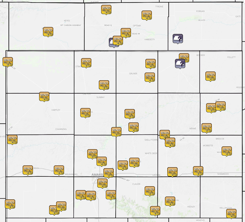 Map of high wind and dust storm reports across the Oklahoma and Texas Panhandles on February 14th, 2023. The entire area saw high winds while the north central and northeastern portions of the Panhandles experienced a dust storm.