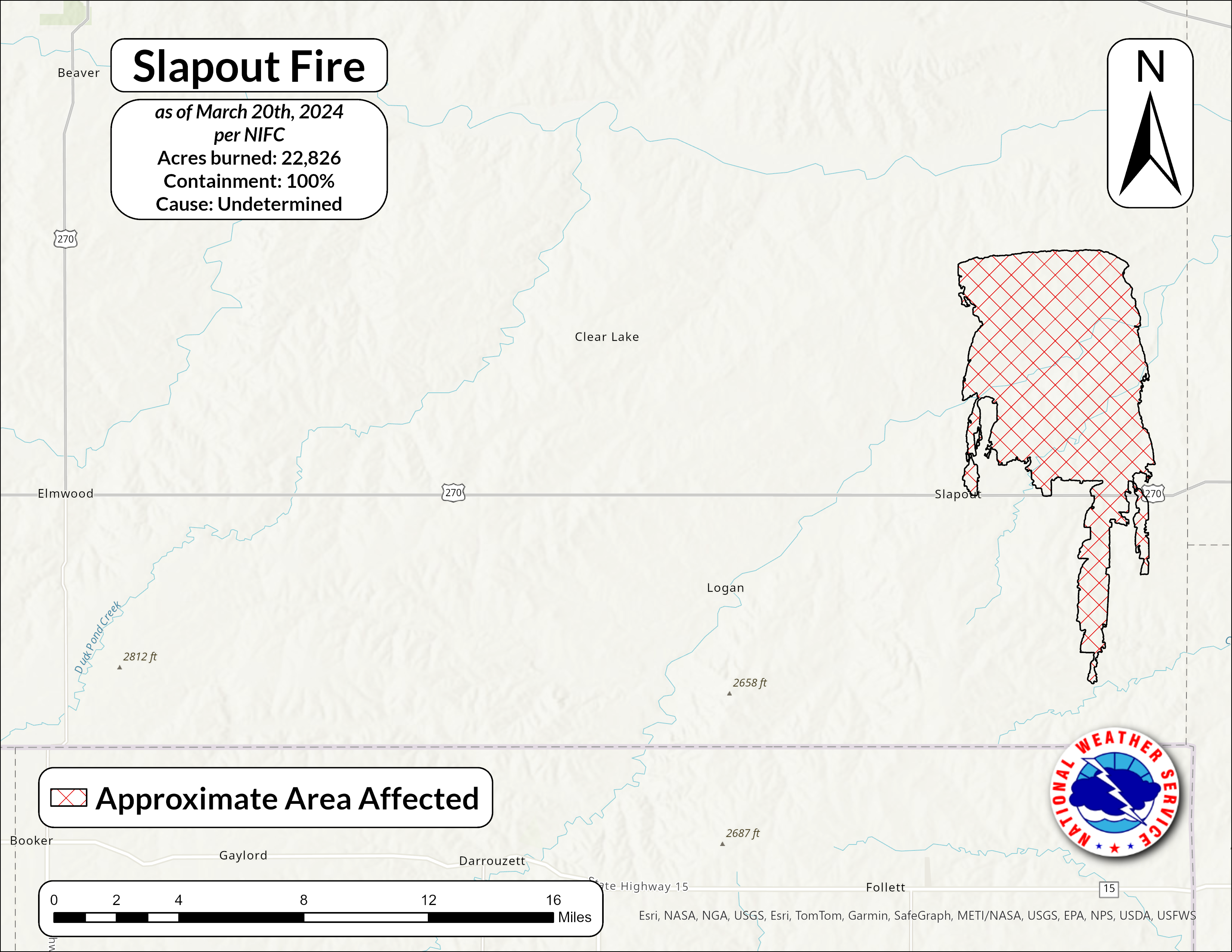 Map of the Slapout Fire showing information from the National Interagency Fire Center as of March 20th, 2024. This fire burned 22,826 acres and is 100 percent contained. Per NIFC, the cause of the initial fire start is undetermined.