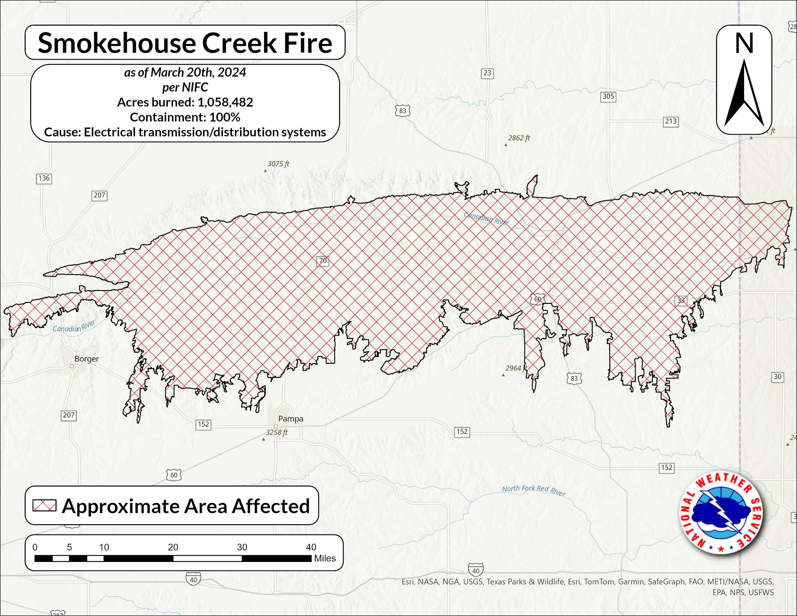 Map of the Smokehouse Creek Fire showing information from the National Interagency Fire Center as of March 20th, 2024. This fire burned 1,058,482 acres and is 100 percent contained. Per NIFC, the cause of the initial fire start was electrical transmission and/or distribution systems.