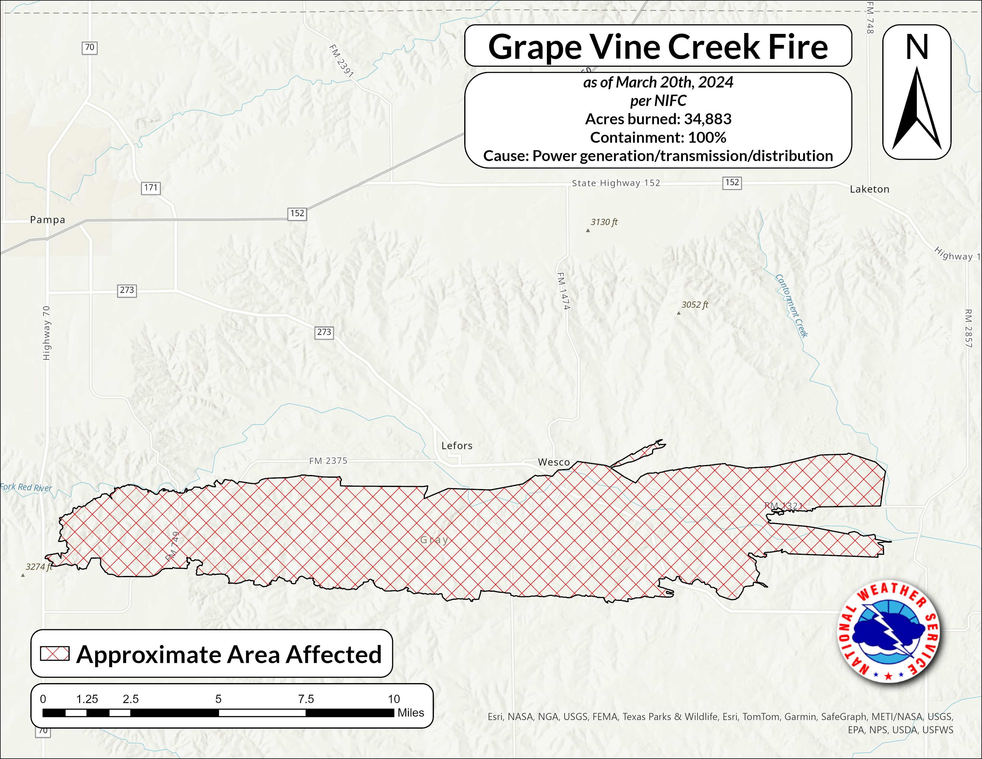Map of the Grave Vine Creek fire showing information from the National Interagency Fire Center as of March 20th, 2024. The Grape Vine Creek Fire burned 34,883 acres, and is 100 percent contained. Per NIFC, the fire was initially started by power generation or transmission or distribution systems.