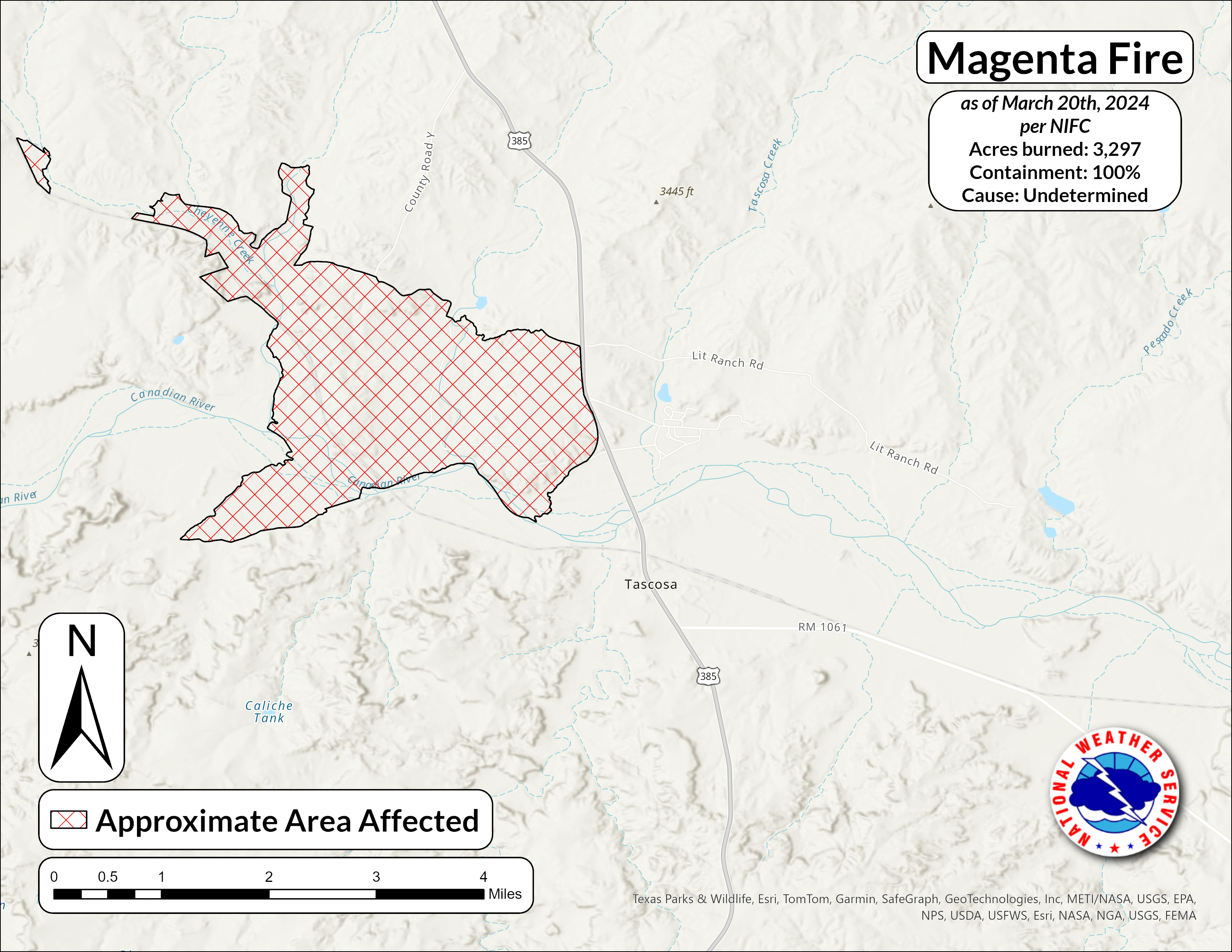 Map of the Magenta fire showing information from the National Interagency Fire Center as of March 20th, 2024. This fire burned 3,297 acres and is 100 percent contained. Per NIFC, the cause of the initial fire start is undetermined.