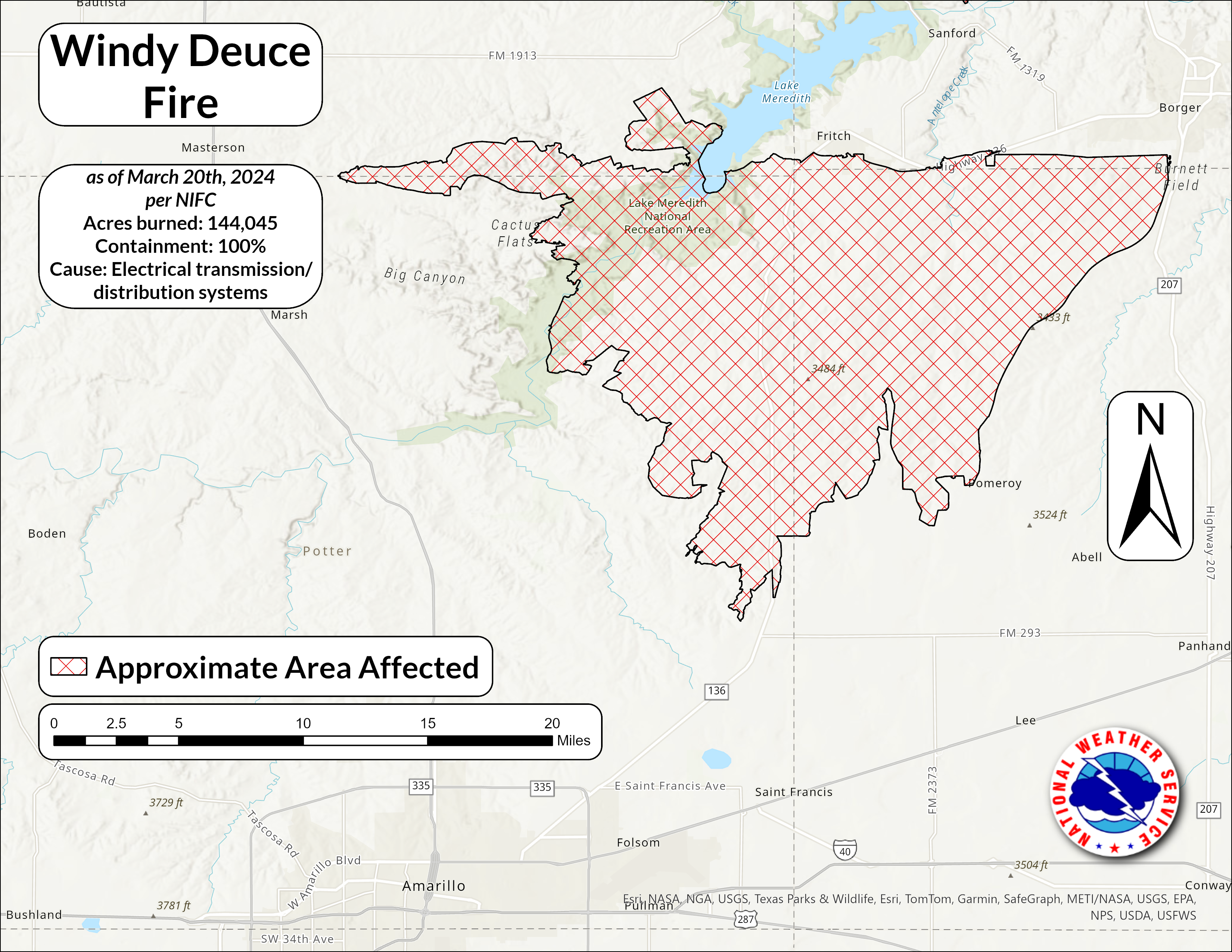 Map of the Windy Deuce Fire showing information from the National Interagency Fire Center as of March 20th, 2024. This fire burned 144,045 acres and is 100 percent contained. Per NIFC, the cause of the initial fire start was electrical transmission and/or distribution systems.
