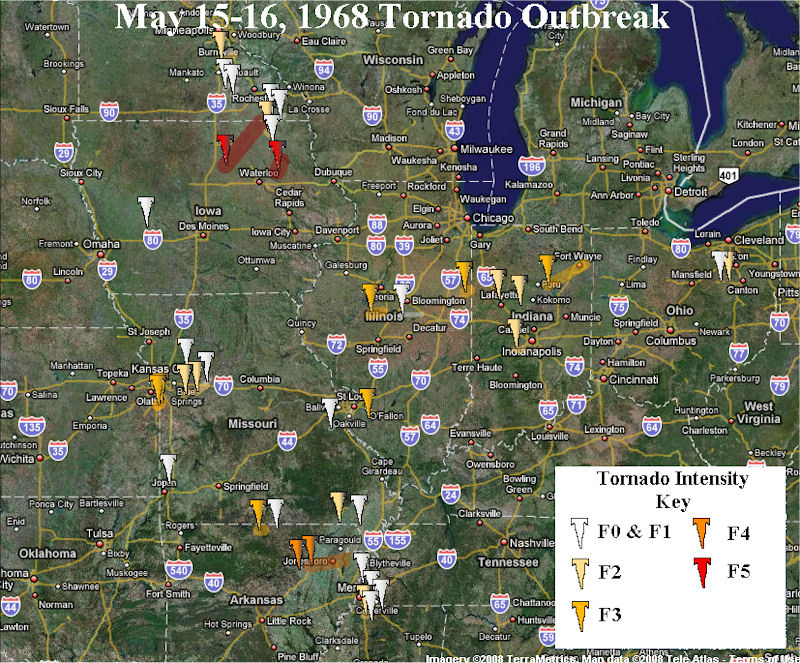 Map of the May 15-16, 1968 Tornado Outbreak