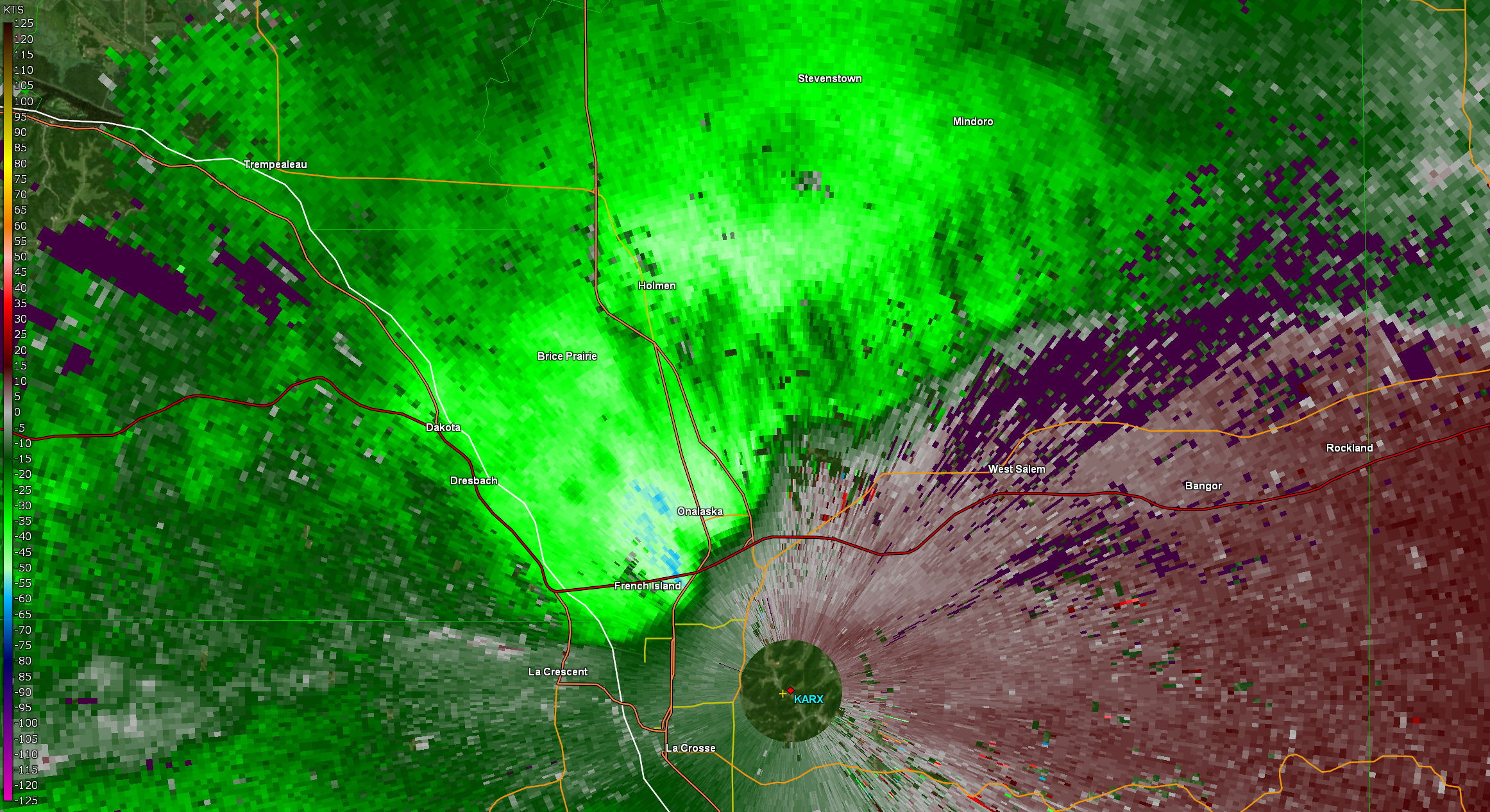 Velocity image of storm approaching La Crosse