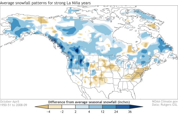 Snowfall departure from average for stronger La NiÃ±a winters (1950-2009). Blue shading shows where snowfall is greater than average and brown shows where snowfall is less than average. Climate.gov figure based on analysis at CPC using Rutgers gridded snow data. 