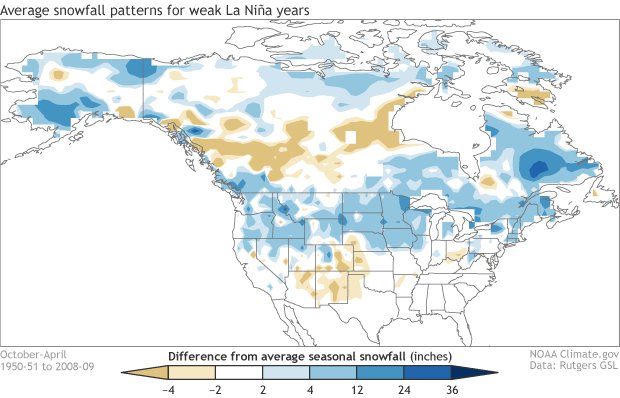 Snowfall departure from average for weaker La NiÃ±a winters (1950-2009). Blue shading shows where snowfall is greater than average and brown shows where snowfall is less than average. Climate.gov figure based on analysis at CPC using Rutgers gridded snow data. 