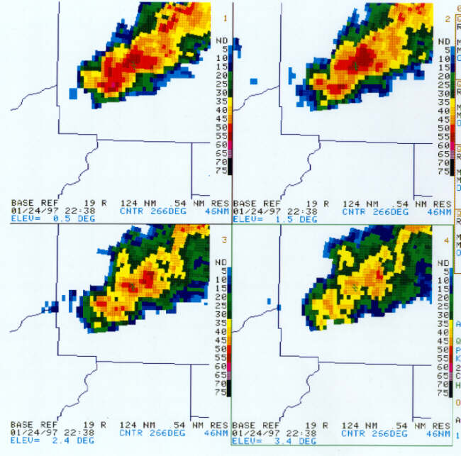 The 2238Z REF data showed the storm was weighted in the lowest levels, i.e., the highest reflectivities were at 0.5 and 1.5 deg elevations.  0.5 deg = 5 kft; 1.5 deg = 10 kft; 2.4 deg = 14.1 kft; and 3.4 deg = 19.1 kft.  The echo top at this time was less than 35 kft.
