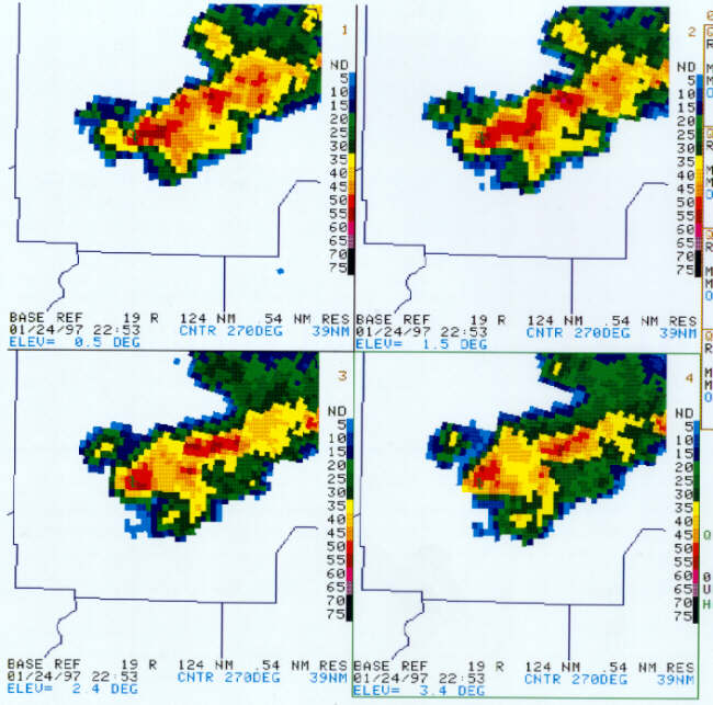 The reflectivity gradient sharpened some more by the 2253Z volume scan.  The storm appeared to be strengthening at this time as pixels of 55+ dBZ were now evident at 1.5, 2.4, and 3.4 degree elevations.  The concavity on the southwest flank was still very evident.